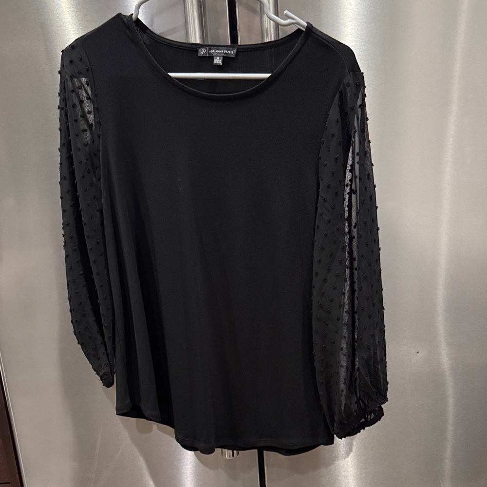 Adrianna Papell Black Blouse with Sheer Polka Dot Sleeves